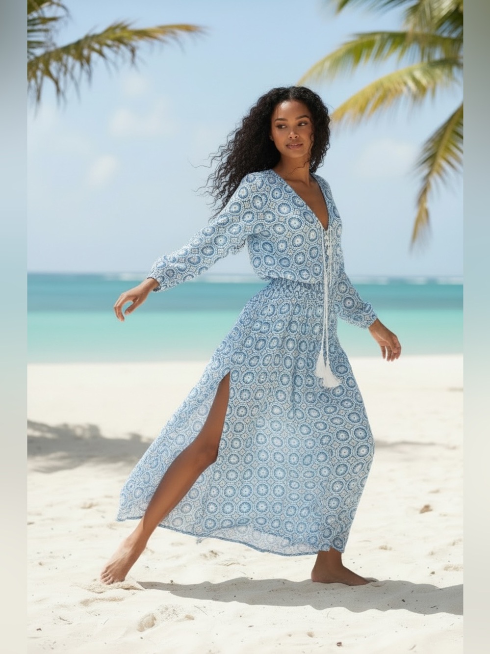 TIARE HAWAII Blue Floral V Neck Maxi Dress One Size Flowy Lightweight Vacation